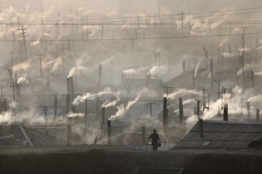 Numerous chimneys in an industrial area of North Korea