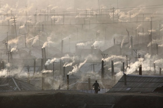 Numerous chimneys in an industrial area of North Korea