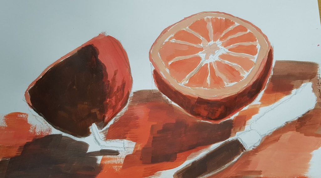 Unfinished acrylic painting of orange