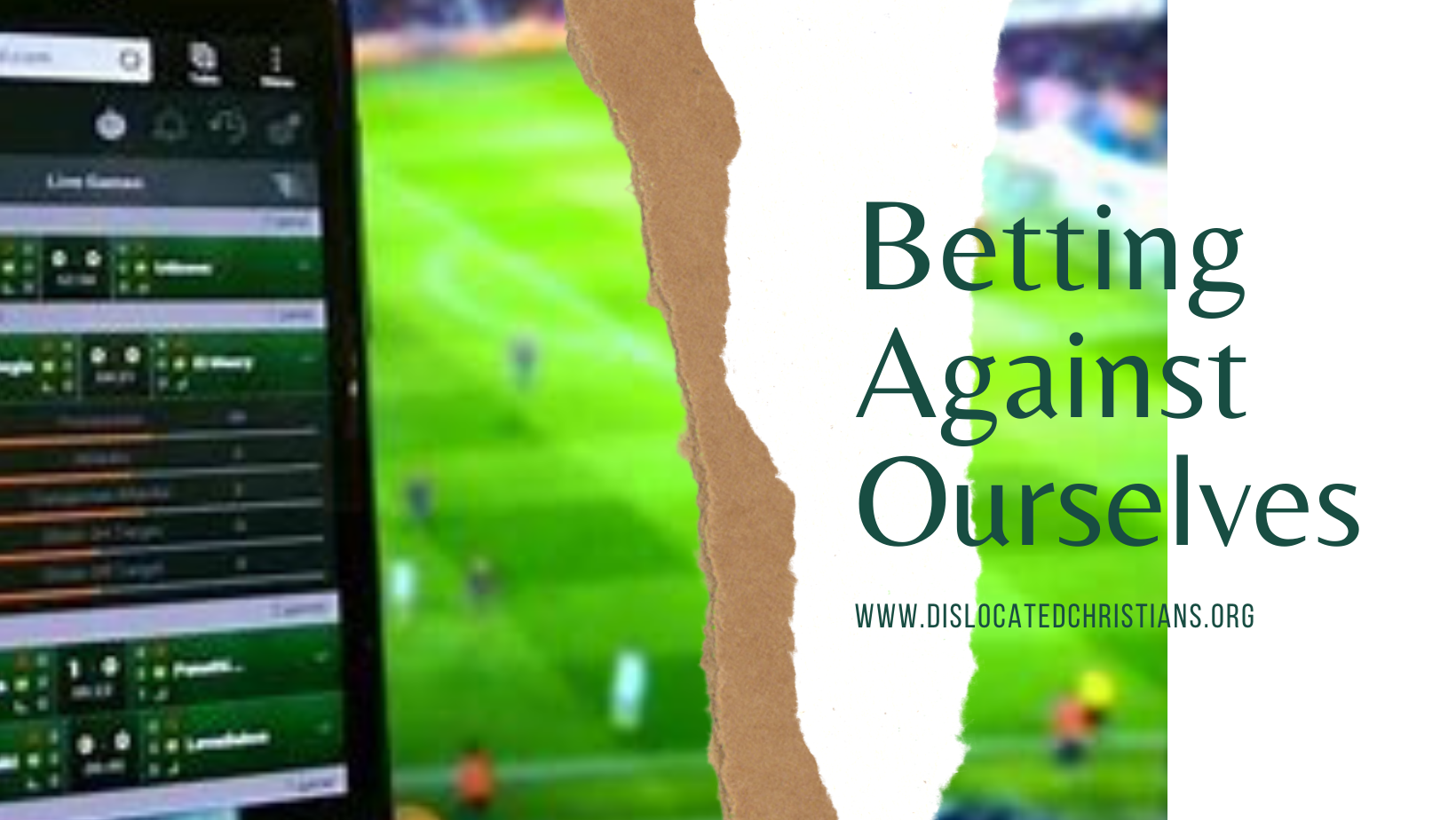 Smart phone betting and football players on pitch