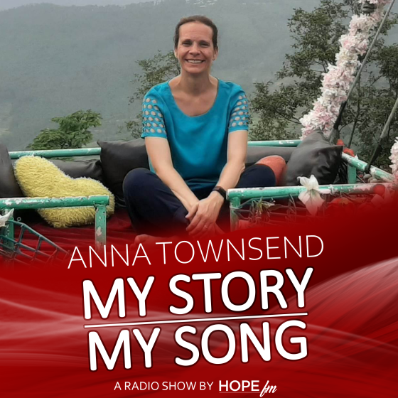 Anna on a swing seat in Nepal to introduce My Story My Song for Hope FM