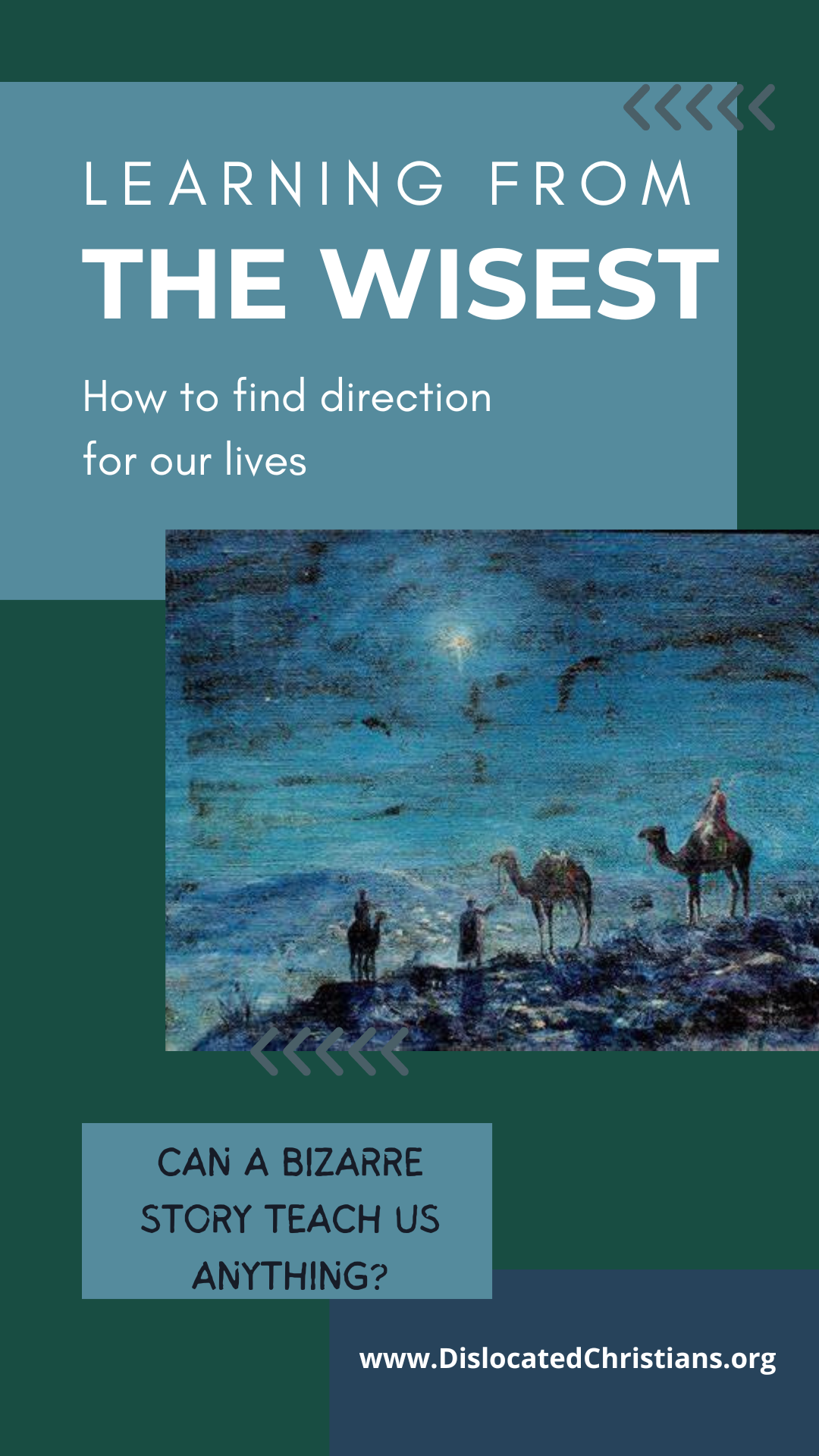 Wise men cross a dark desert on camels seeking God's direction