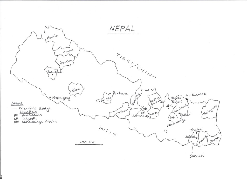 Hand drawn map of Nepal to accompany the book Come With me to Kathmandu