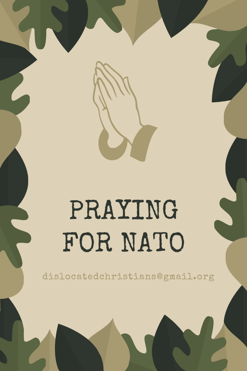 Hands together in prayer for NATO on camouflage background